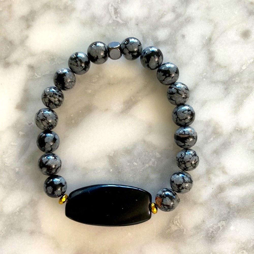 Snow flake obsidian with black tourmaline center stone bracelet